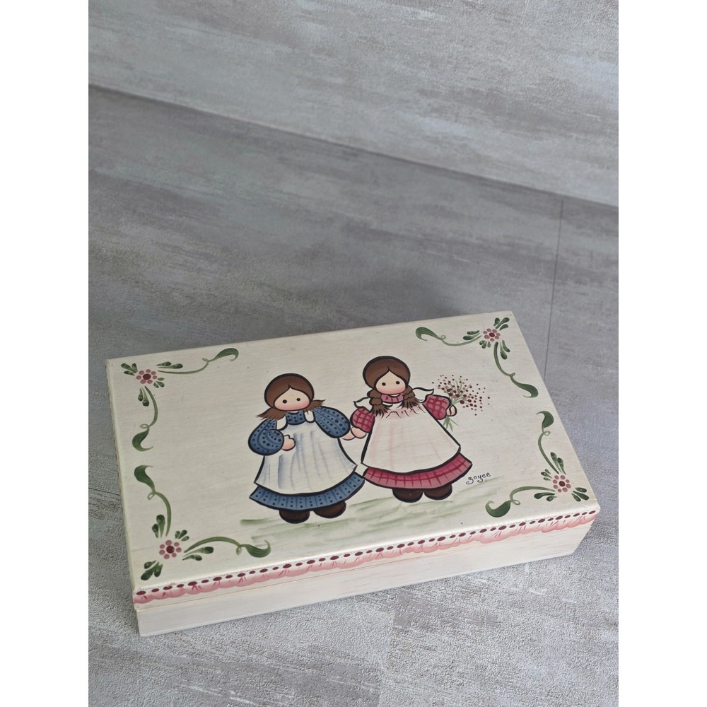 Hand-painted wooden keepsake box folk-art girls holding flowers Cottagecore VTG